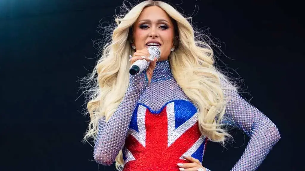 Paris Hilton Dazzles Brighton Pride in Custom Crystal Union Jack Minidress