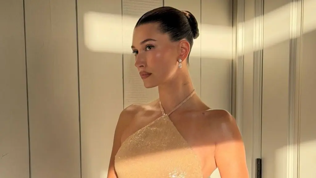Hailey Bieber Stuns in Ferragamo Micro Minidress Tied by a Single String